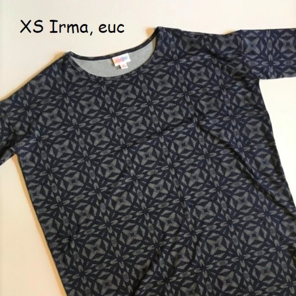 XS Lularoe Irma tunic top, blue and grey geometric print